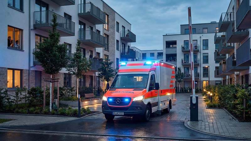 Беспрепятственный проезд скорой помощи через шлагбаум в жилой комплекс вечером