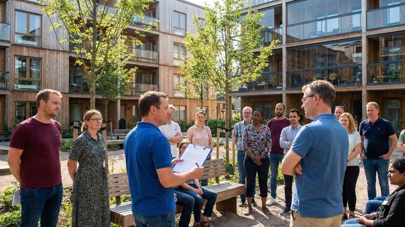 Собрание жителей во дворе современного жилого комплекса
